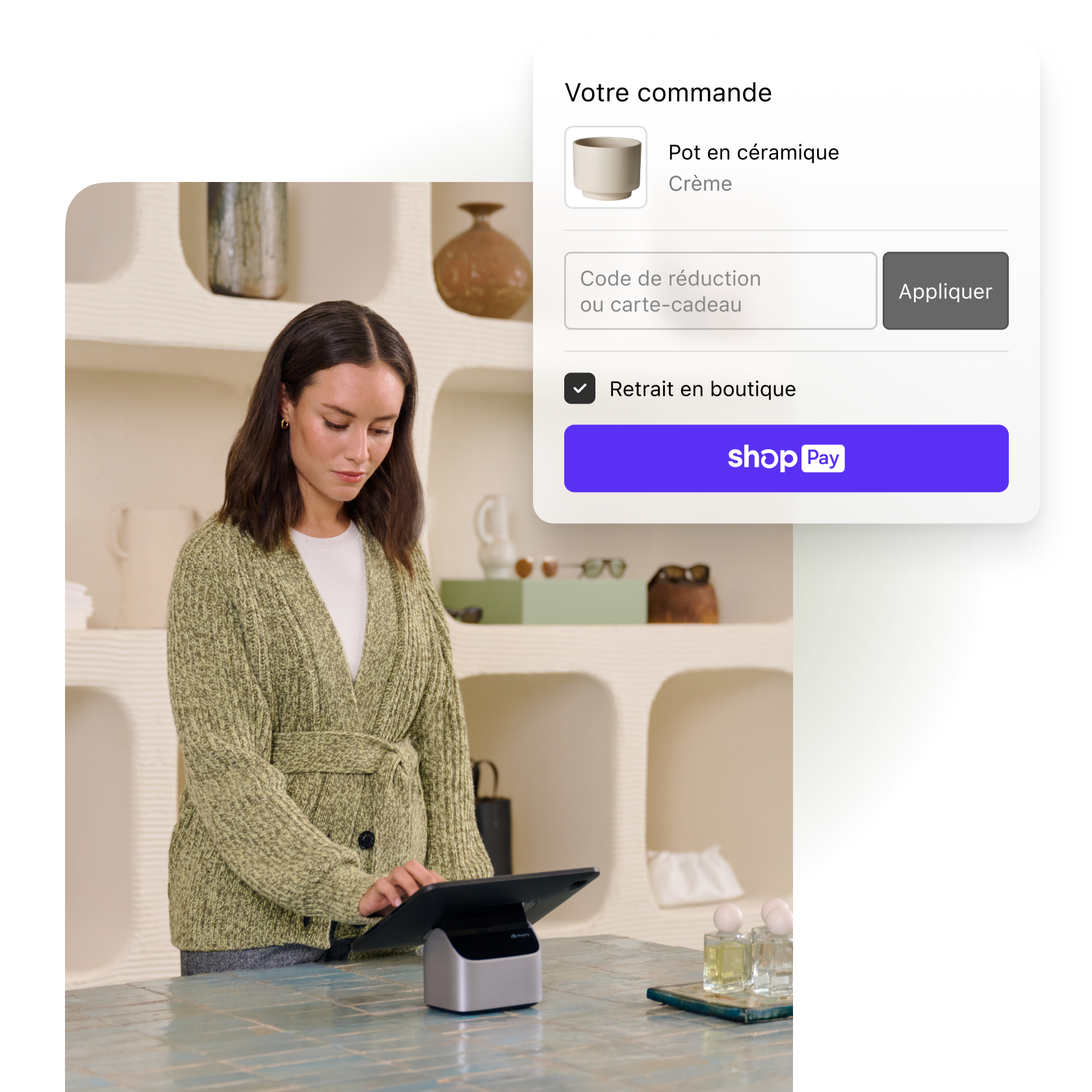 Collage d’images montrant une femme utilisant Shopify PDV, et une image d’une jardinière en céramique dans le flux de paiement Shop Pay.