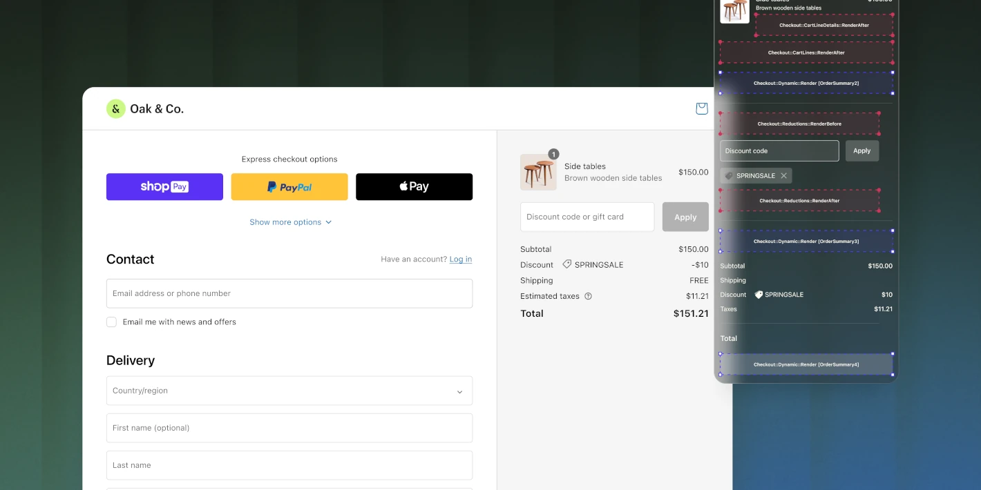 Screenshot of Shopify’s checkout next to a design element showing what’s editable