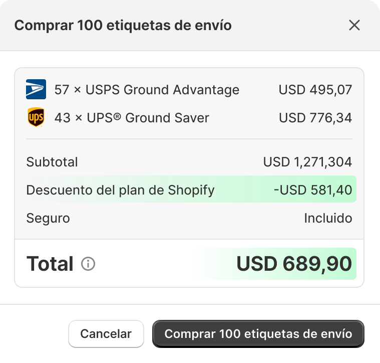 Ejemplo de pantalla de pago que muestra el descuento del Plan de Shopify y el seguro incluido al comprar 100 etiquetas de envío
