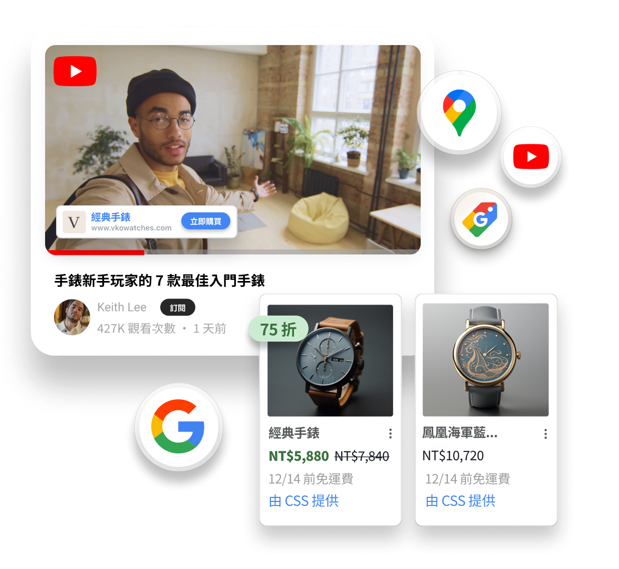 YouTube 影片中，一位男性戴著棕色手錶並對著鏡頭講話。影片區塊中顯示銷售兩隻手錶的商品資訊。視窗周圍顯示的小標誌包括：Google、Google 地圖、Google 購物和 YouTube。