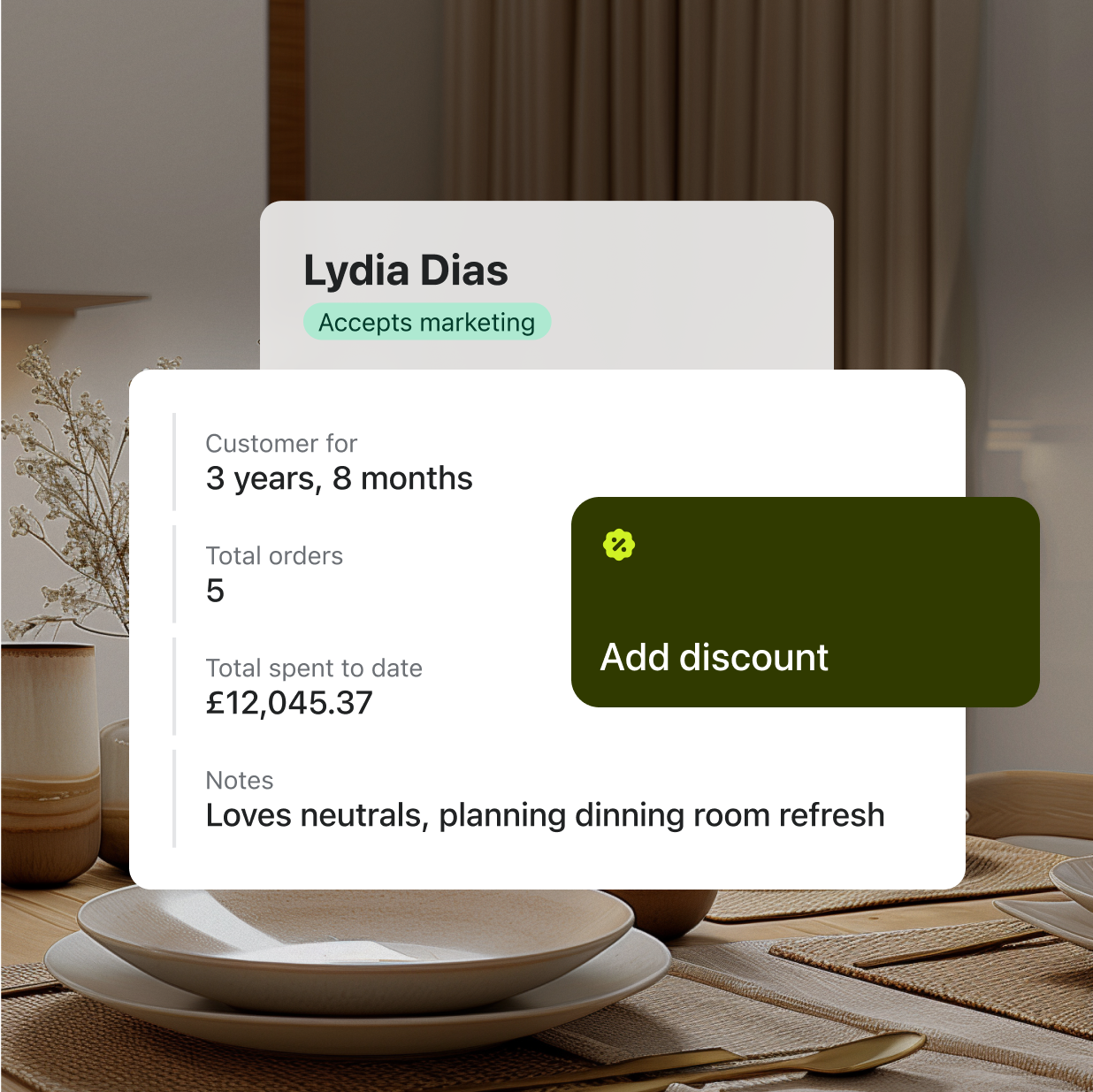 A customer profile for Lydia Dias. In the profile is the following information. Customer for: 3 years, 8 months. Total orders: 5. Total spent to date: $12,045.37. Notes: loves neutrals, planning a dining room refresh.