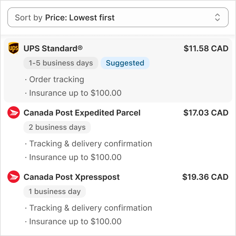 Example of sorting shipping carrier options by price, lowest first with each carrier showing price and delivery estimate by days