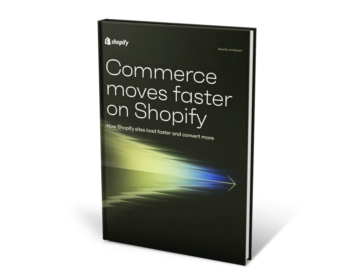 A promotional book cover for the Shopify site speed whitepaper, with a sleek dark background featuring the title 'Commerce moves faster on Shopify' in white text. Below the title, a subtitle reads 'How Shopify sites load faster and convert more.' The cover includes an artistic representation of speed with a blurred, multicolored light streak extending from a stylized arrow, emphasizing the concept of speed and efficiency.