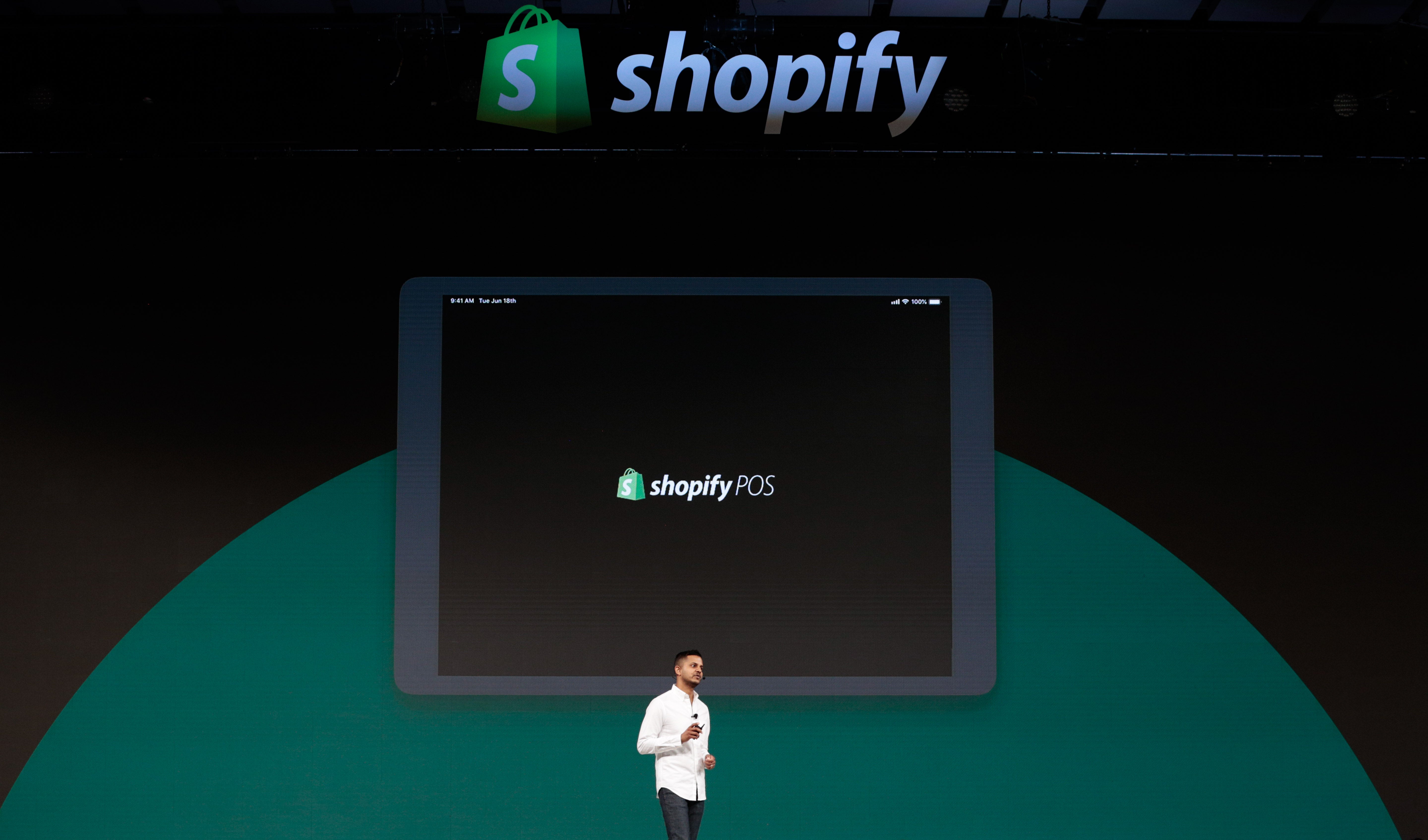 Arpan Podduturi, Shopify’s Director of Product, Retail, announces the new Shopify point of sale (POS) software at the company’s annual partner conference, Shopify Unite, in Toronto, Canada on June 19, 2019.