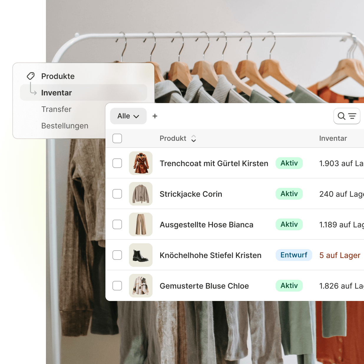 Ein kleiner Schnappschuss von Shopify Point of Sale mit Echtzeit-Inventarberichten für vier Bekleidungsartikel, um die integrierten Inventarstatusaktualisierungen von Shopify zu veranschaulichen.