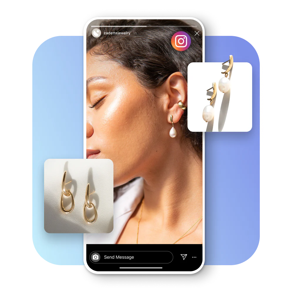 Na obrázku je vidět story na Instagramu se snímkem mladé ženy se zlatými a perlovými náušnicemi ve tvaru kapky. Rozhraní zobrazuje platební metody. Produktové dlaždice prezentují dva páry náušnic od Cadette Jewelry.