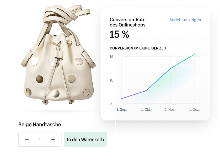 Grüner Pullover in einer "In den Warenkorb"-Kachel. Auf der rechten Seite schwebt ein Liniendiagramm, das die Conversion-Rate des Onlineshops anzeigt.