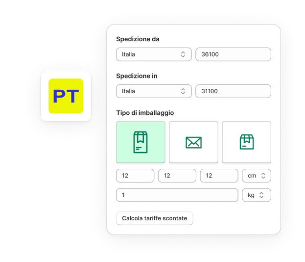 Illustrazione della calcolatrice di Shopify Shipping con un pulsante "Calcola tariffe scontate". In primo piano è visibile un pacchetto chiuso con il logo Shopify.