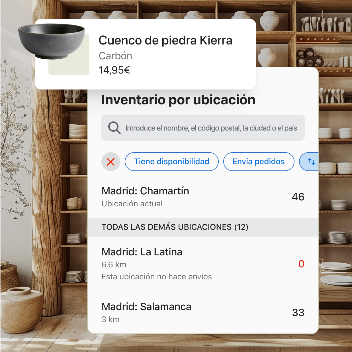 Una pantalla de Shopify que muestra la disponibilidad de un producto en múltiples ubicaciones.