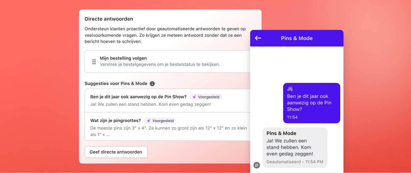 De interface voor directe antwoorden toont suggesties voor vragen en antwoorden op veelgestelde vragen. Een chatvenster rechts toont een voorbeeld van een van de suggesties.