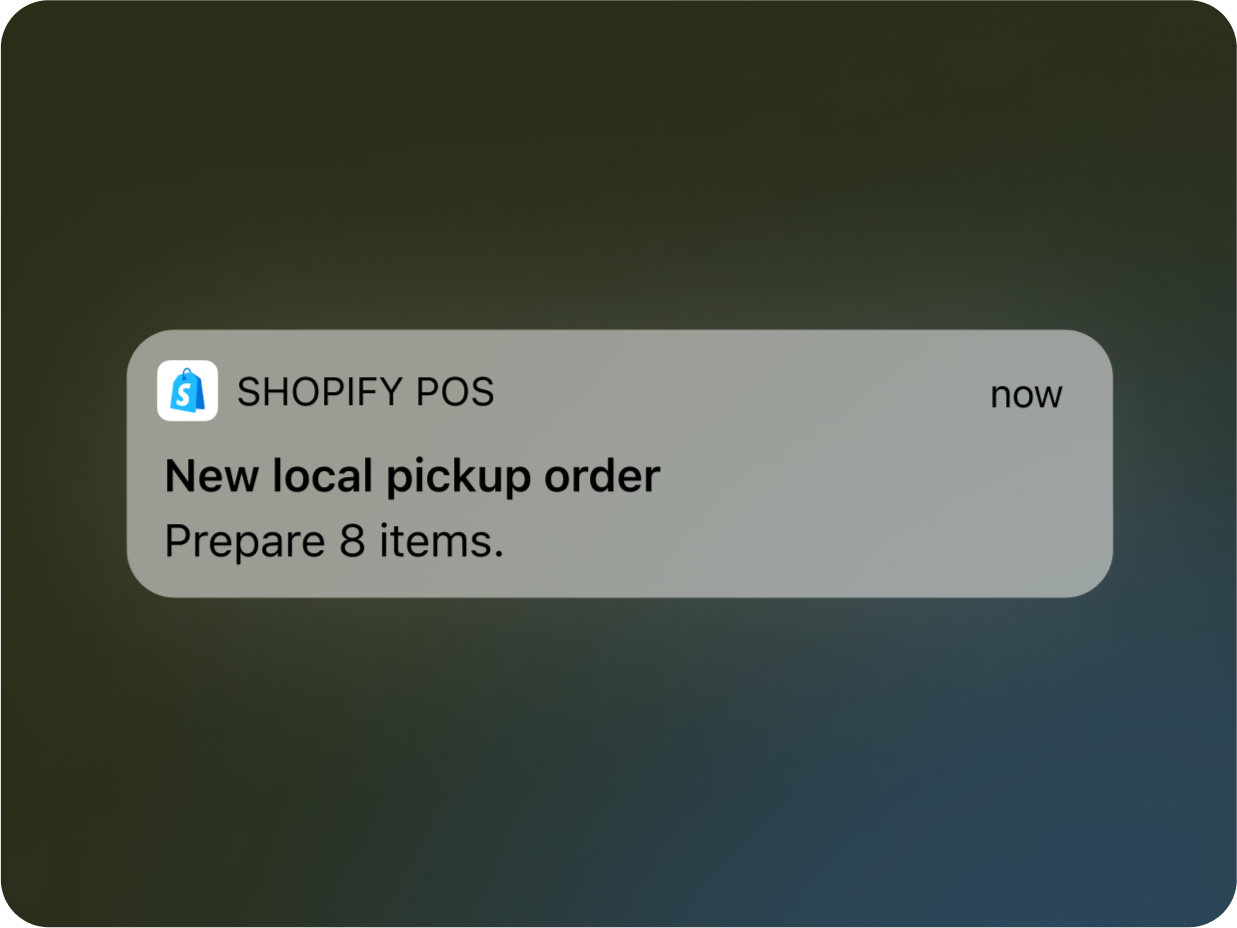 A notification pops up on the Shopify POS screen letting staff know there's a new order with 8 items to pick and pack.