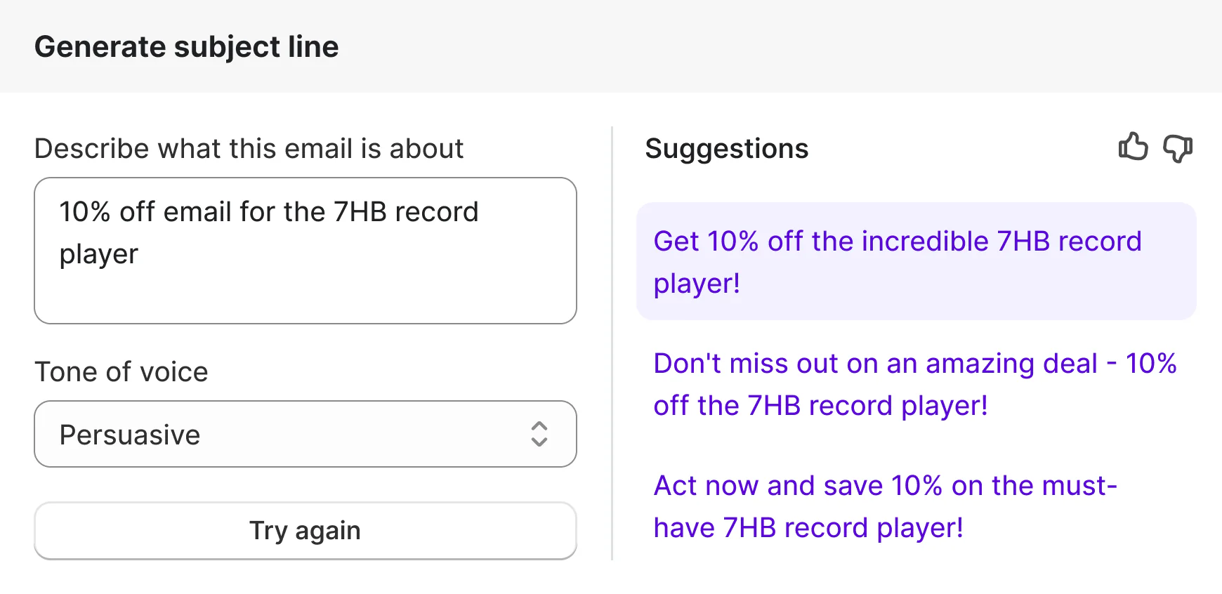 Shopify Magic pop-up to generate AI email subject line for discounted record player.