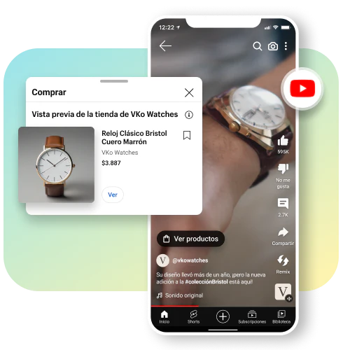 Un primer plano en YouTube de un hombre que lleva un reloj de color café en la muñeca. En el recuadro del video se superpone una ficha de producto con un reloj café a la venta.