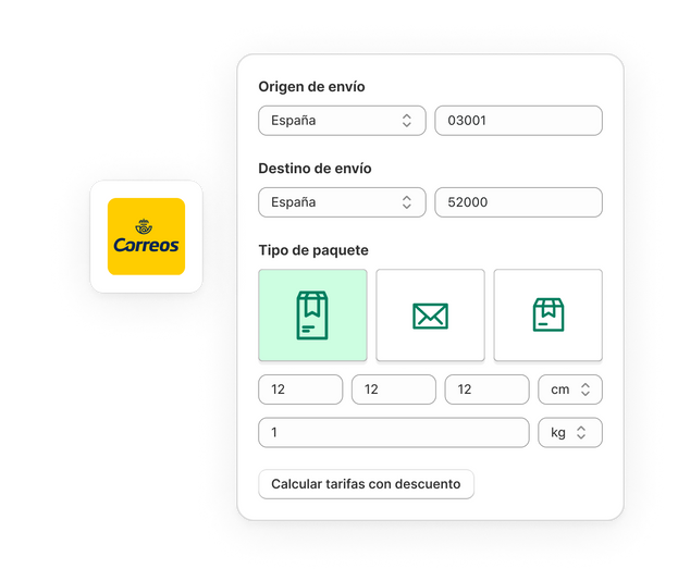 Ilustración de la calculadora de Shopify Shipping con un botón que dice "Calcula las tarifas con descuento". En primer plano hay un paquete sellado con el logo de Shopify.