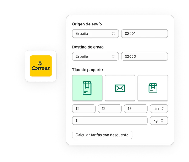 Ilustración de la calculadora de Shopify Shipping con un botón que dice "Calcula las tarifas con descuento". En primer plano hay un paquete sellado con el logo de Shopify.