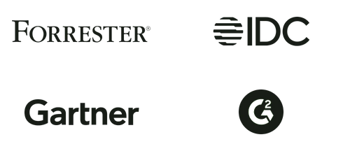Logos for Forrester, IDC, Gartner and G2 Crowd
