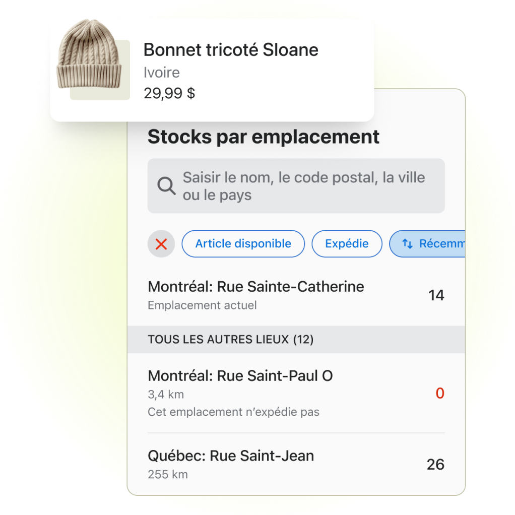 Un petit aperçu du canal Shopify Point de vente de l’interface administrateur affichant les quantités de stock sur 3 emplacements différents pour un produit nommé « bonnet en maille Sloane ».