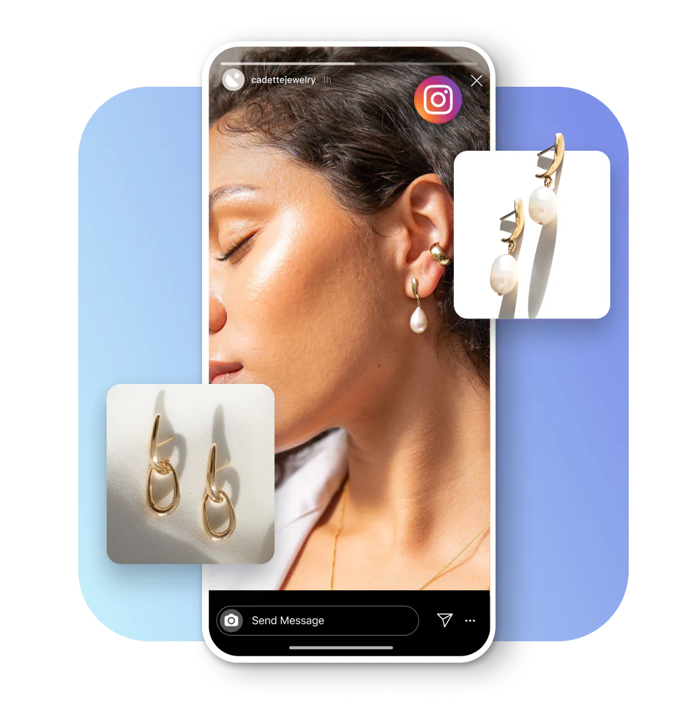 A young female wearing gold pearl drop earrings in an Instagram story. An interface showing methods of payments. Product tiles features two pairs of earrings by Cadette Jewelry.