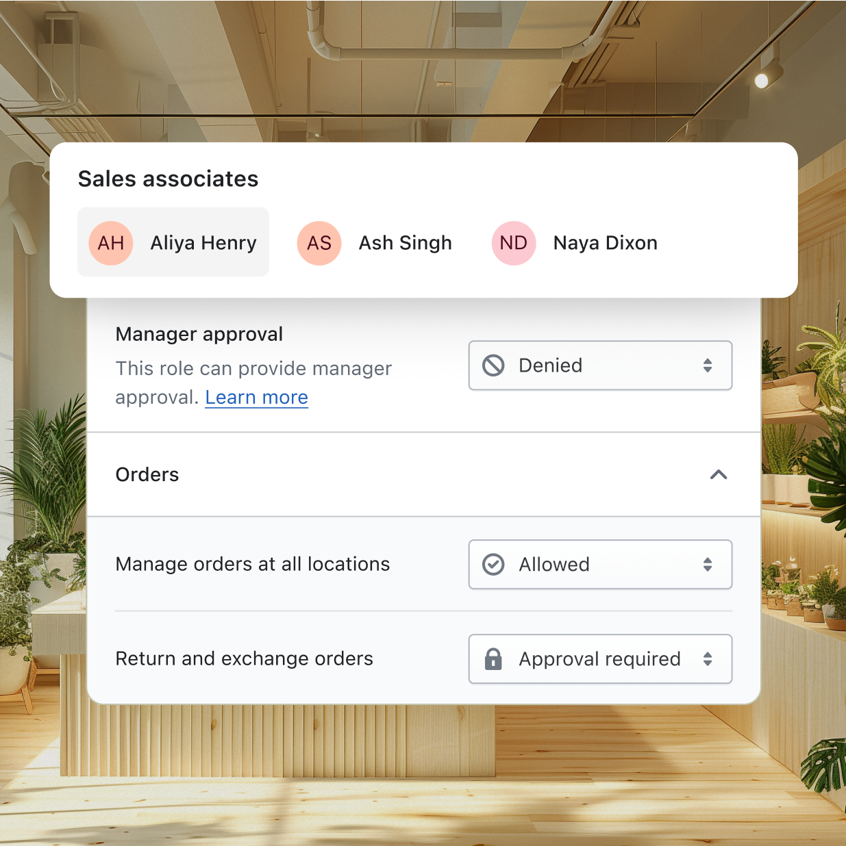 A screen from Shopify displaying the ability to manage staff and what they have access to within Shopify POS.