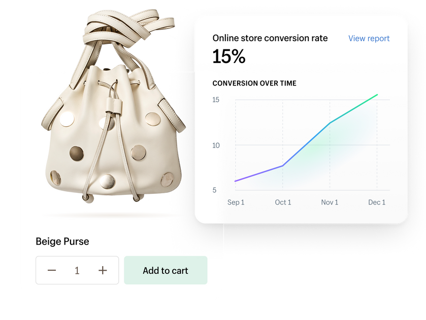 Green sweater in an add to cart tile. A line graph floats on the right showing online store conversion rate.