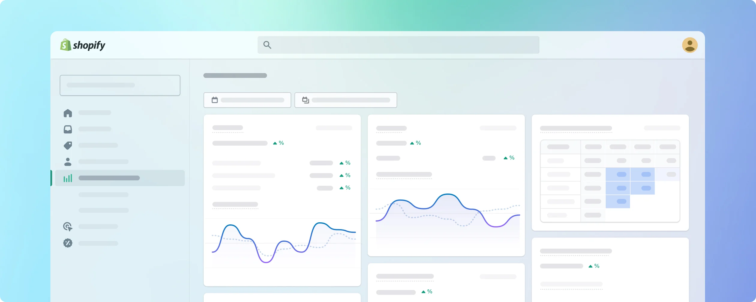 An overview dashboard on the Shopify admin, showing total sales, returning customer rate, and online store sessions.