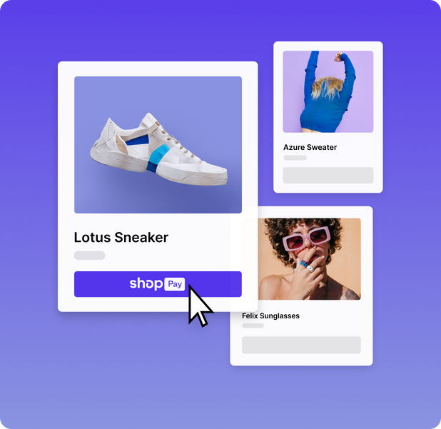 Exempel på en Shop Pay-kassa i en mobil med en sneaker, en tröja och rosa solglasögon.