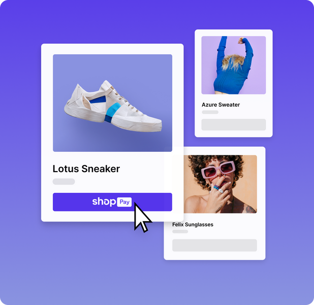 Ejemplos de la pantalla de pago móvil de Shop Pay para unas zapatillas deportivas, un suéter azul marino y unas gafas de sol rosas.