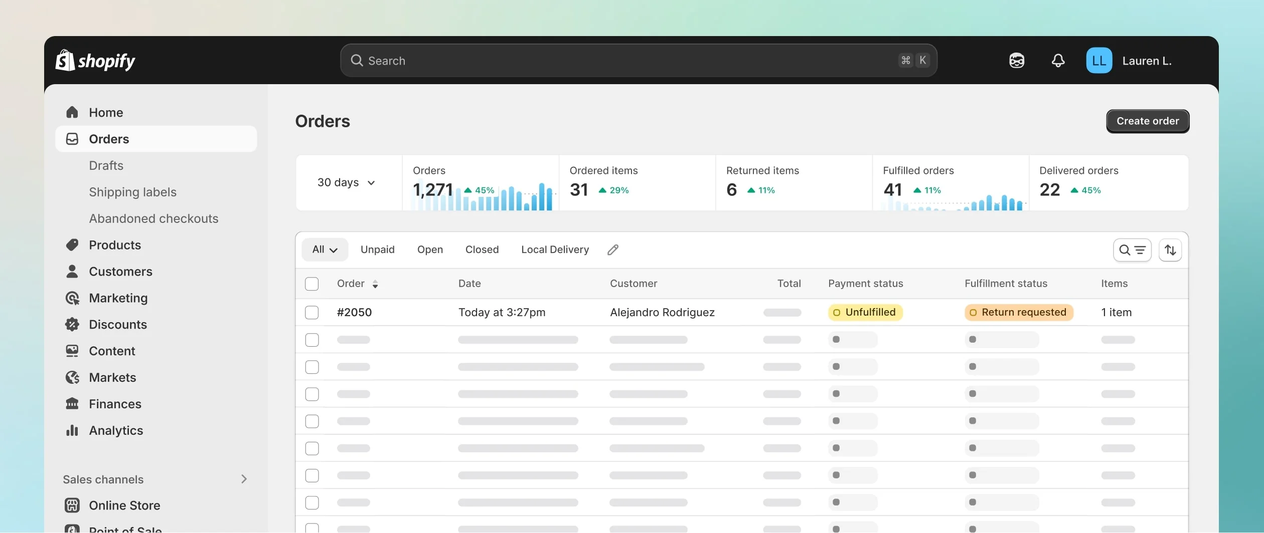 This image displays a computer screen with an order list, filtered by orders with a return request. The screen shows a top bar with analytics that display the quantity of total orders, fulfilled orders, and time to fulfill. Once of the orders is larger in the screen, highlighting the idea that there's a pending return to tend to.