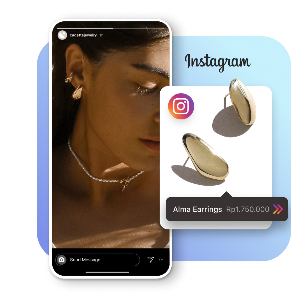 A young female wearing gold earrings and a pearl necklace in an Instagram story. A product card featuring Cadette Jewelry’s Alma earrings with product label overlayed on top. 
