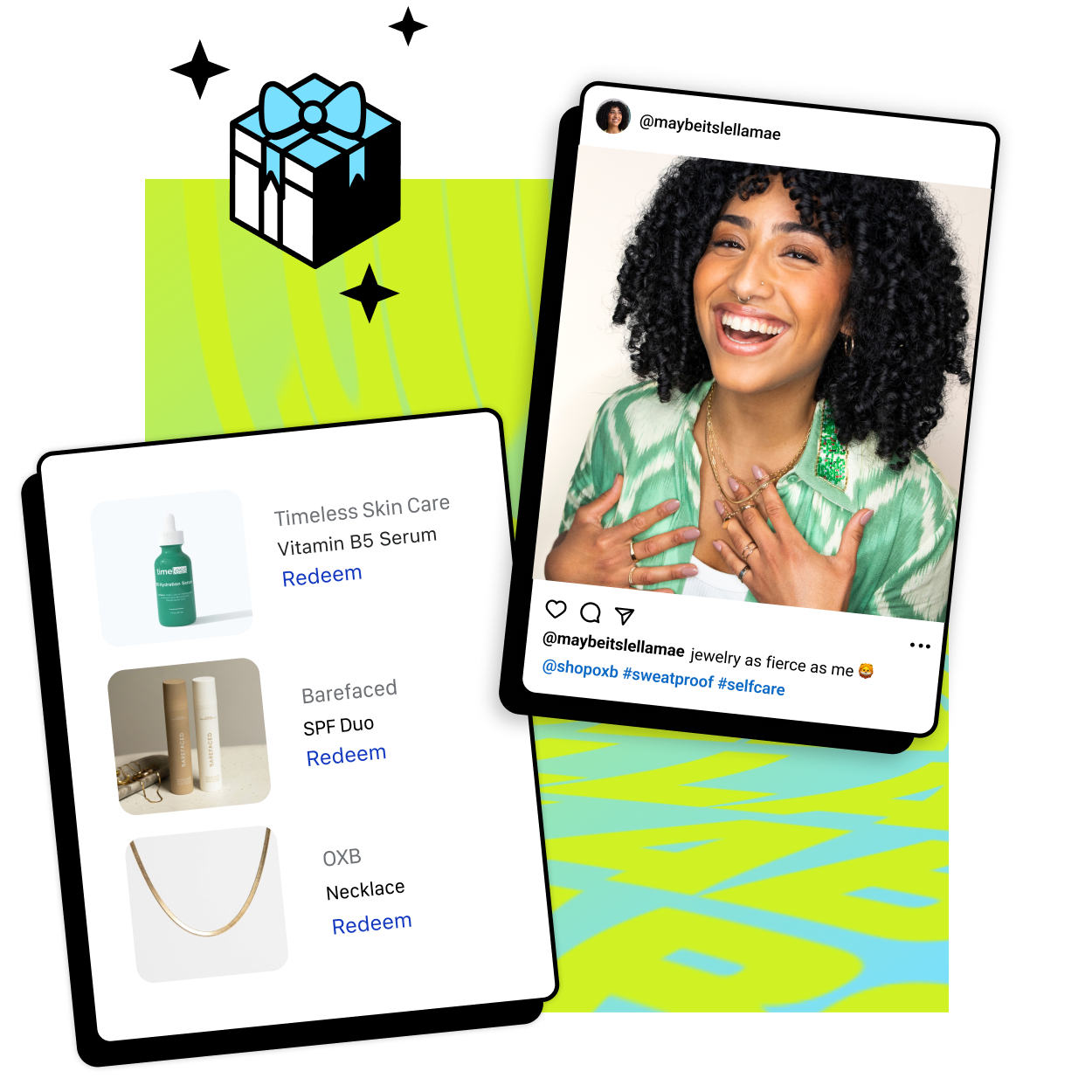 A collage showing an Instagram post by maybeitslellamae in which an influencer is showing off her jewelery, and another card showing a list of products including their product image, product name, brand and 'redeem' links.