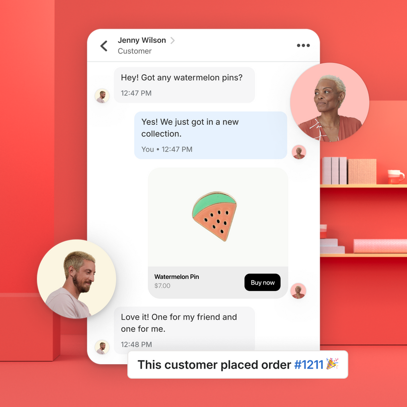 A open chat window displays a conversation about an order between a store staff member and a customer. An image of a woman represents the staff member’s comments and an image of a man represents the customer’s response.