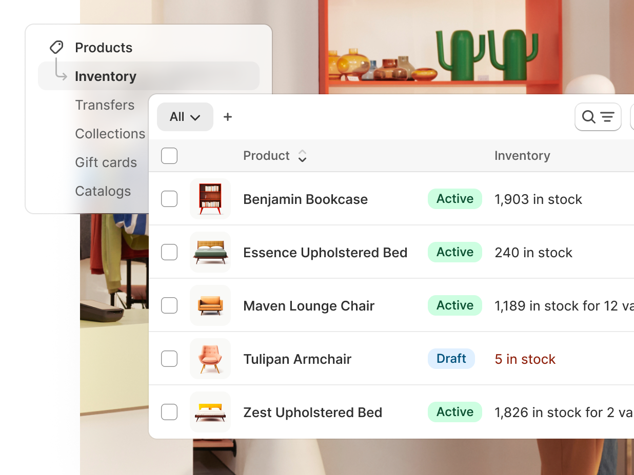 A screen from the Shopify admin showing inventory levels for multiple SKUs.