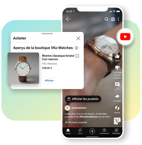 Une vidéo en gros plan présentée sur YouTube Shorts montrant un homme portant une montre marron au poignet. Une vignette de produit présentant une montre marron à vendre est superposée à la fenêtre de la vidéo.