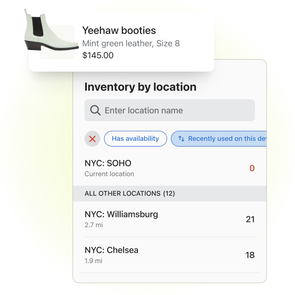 The product details screen on Shopify Point of Sale demonstrating the ability to look up inventory levels at other locations from the point of sale app.