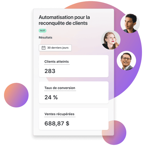 Un tableau de bord affichant les indicateurs de performance du modèle de reconquête de clients montre le nombre de clients atteints, le taux de conversion et les ventes récupérées. L’arrière-plan se compose d’un grand cercle et de deux petits cercles dans un dégradé de violet, tandis qu’à droite au premier plan se trouvent trois petits cercles contenant les portraits d’un homme noir, d’une femme blanche et d’un homme asiatique.