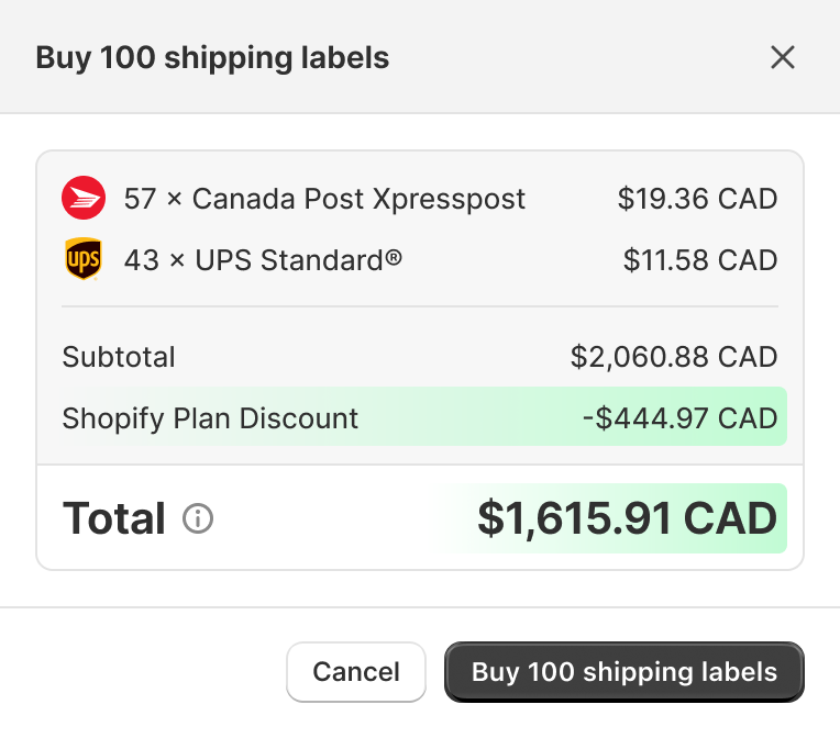 Example of check-out screen showing Shopify Plan discount and insurance included when buying 100 shipping labels