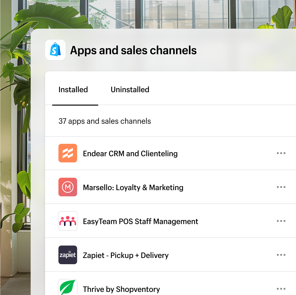 A screen from the Shopify App Store showing five popular apps for Point of Sale users: Endear CRM and Clienteling, Marselllo Loyalty & Marketing, EasyTeam POS Staff Management, Zapiet Pickup and Delivery, and Thrive by Shopventory.