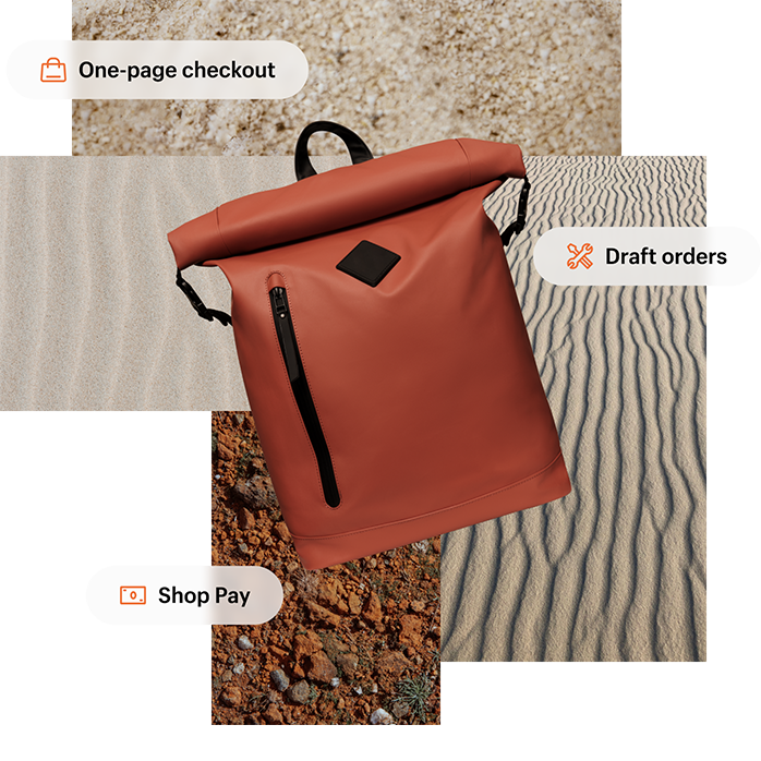 Background collage image of different textures of sand and soil, with buttons labeled 'one-page checkout', 'draft orders', and 'Shop Pay'. In the foreground is a stylish roll-top backpack in a rust colour.