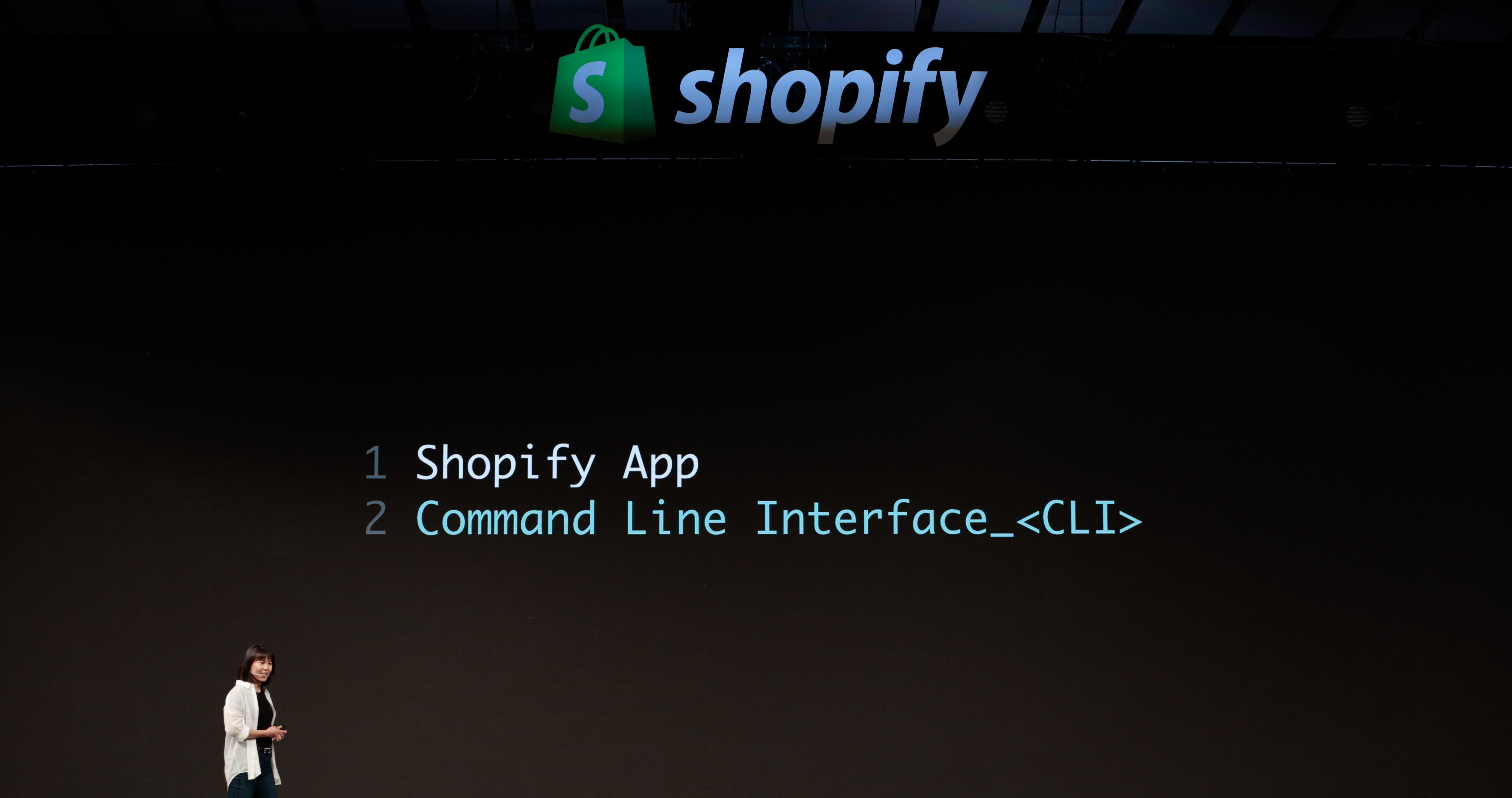 Vanessa Lee, Director of Product at Shopify, announces Shopify App Bridge and Shopify App CLI at the company’s annual partner conference, Shopify Unite, in Toronto, Canada on June 19, 2019.