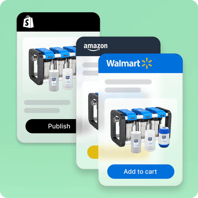 Layered mobile views of Blu Technology using Shopify Marketplace connect to populate their products on Amazon Marketplace and Walmart Marketplace.