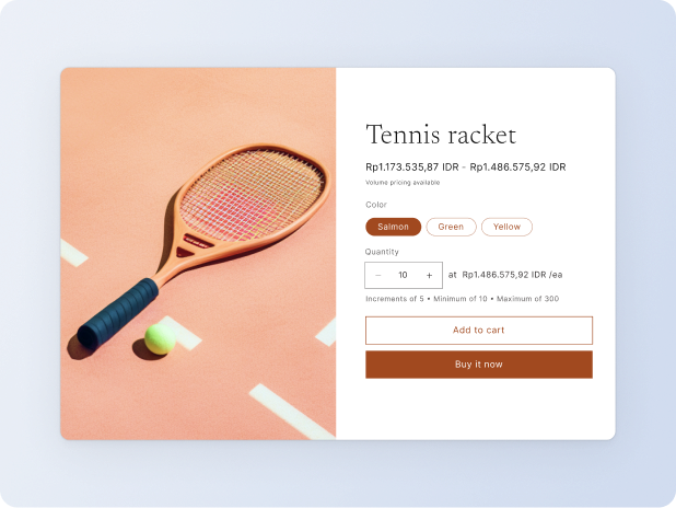 Tennis racket for sale online with bulk purchasing options and minimum and maximum amounts