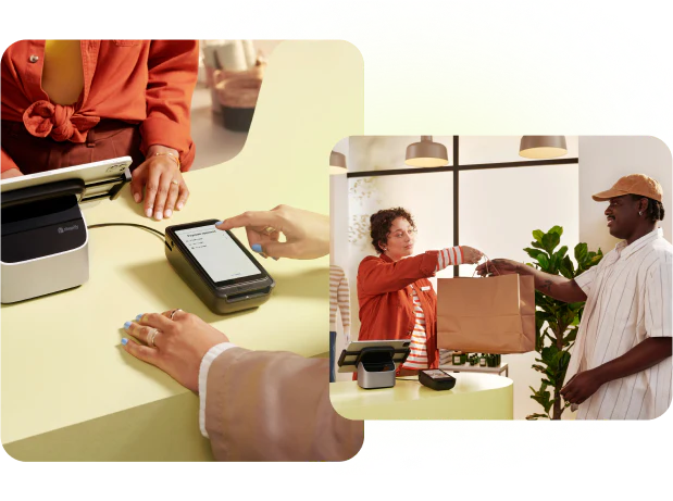 At the checkout counter, a customer pays for an item using Shopify’s POS Terminal. A sales associate hands the purchase to the customer.