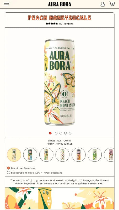 Imagen del sitio web para dispositivos móviles de Aura Bora, que vende bebidas enlatadas