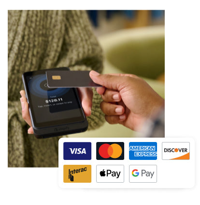 A customer makes a payment by tapping their credit card on POS Go. Above the image appear the logos for the following accepted payment types: VISA, MasterCard, American Express, Discover, Interac, Apple Pay, and Google Pay.