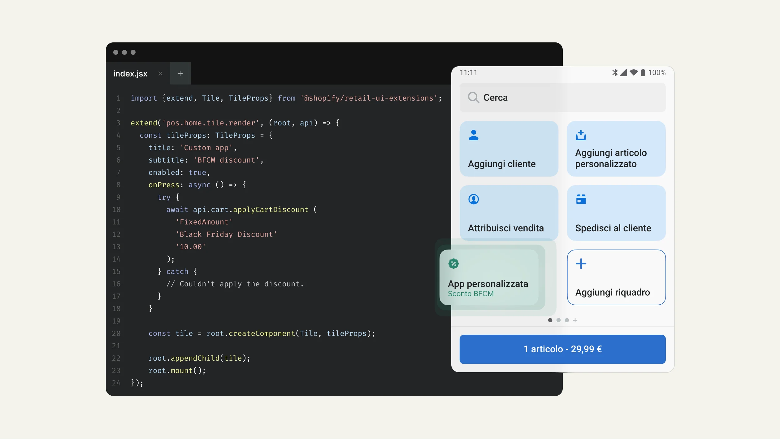 Un’app personalizzata viene aggiunta a Shopify POS: in primo piano l’app appare nella schermata iniziale del POS; in secondo piano il codice necessario per l’esecuzione dell’app.