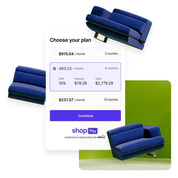 Shop Pay mobile checkout of a large sectional, splitting the purchase into installments with Shop Pay Installments.