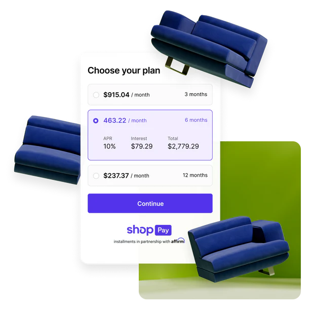 Shop Pay mobile checkout of a large sectional, splitting the purchase into installments with Shop Pay Installments.