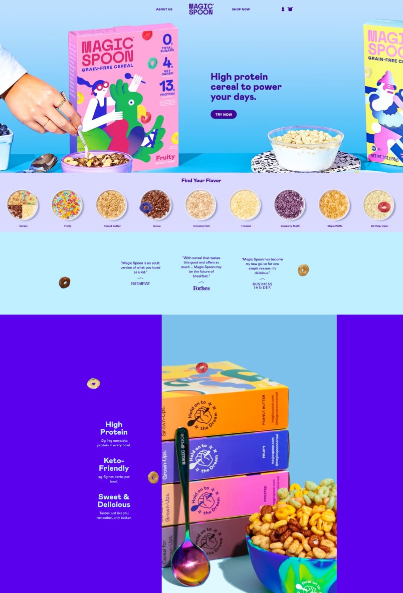 Il sito web di Magic Spoon che vende cereali salutari