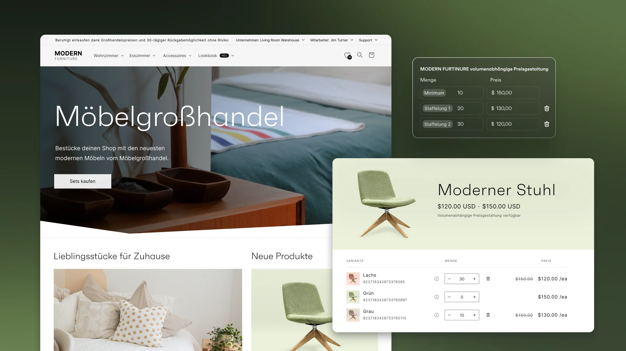 E-Commerce-Storefront eines Möbelgroßhandels mit einer Einblendung, die das Einkaufserlebnis für einen modernen Stuhl in Grün zeigt