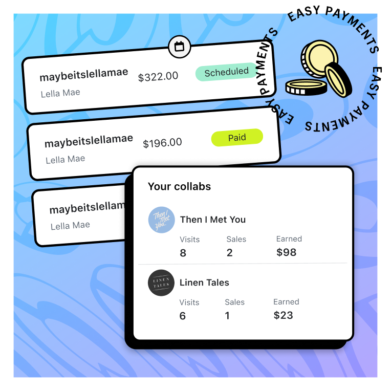 A collage of images: a set of cards showing creator names, the payment amount owed to them, and payment status, a card showing total earnings, and a card showing a table of data for your collabs including brand names, number of visits, number of sales, and money earned per brand.